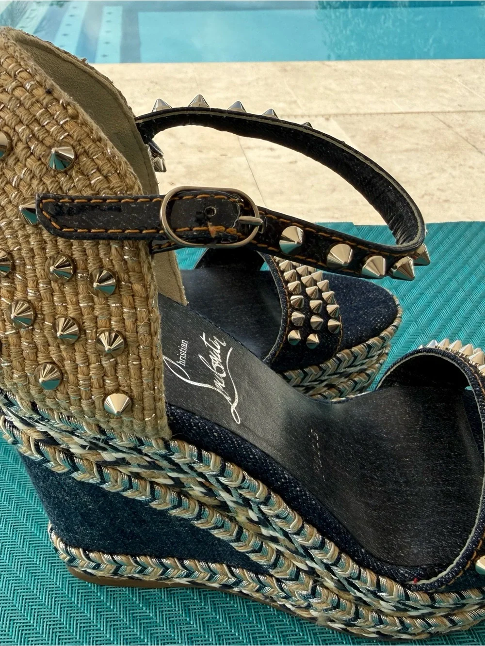 Christian Louboutin Madmonica 120 Studded Denim Espadrille Wedge Sandals - Blue